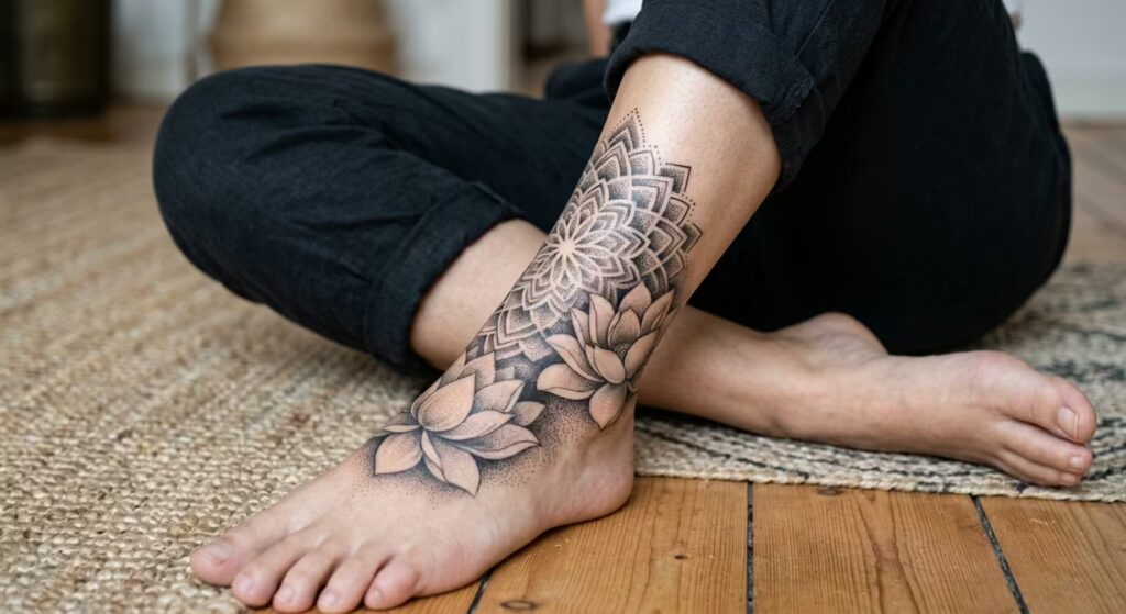 Geometric Mandala Lotus Floral Ankle Tattoo Wrap