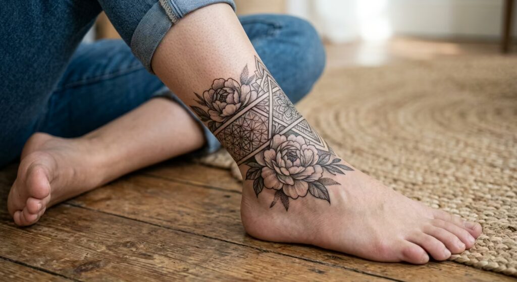 Geometric Peony Flower Ankle Tattoo Wrap