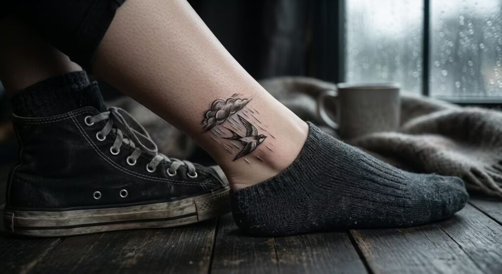Rainstorm Bird Ankle Tattoo