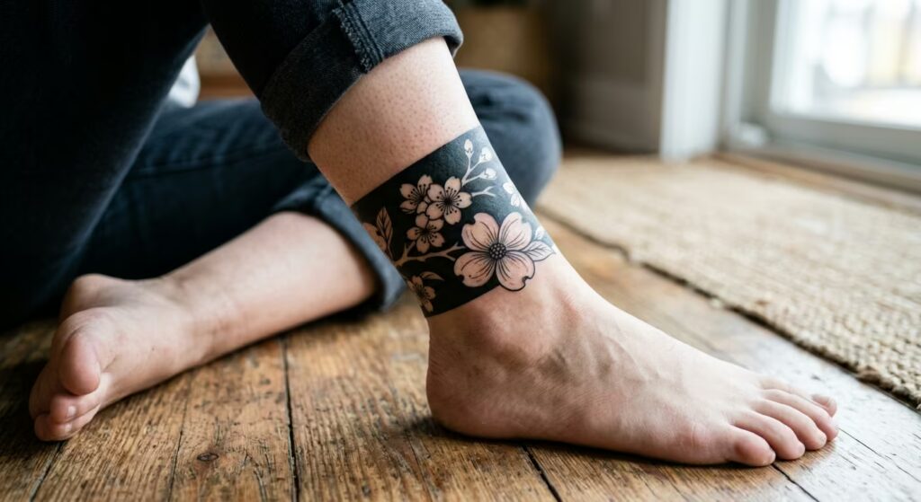 Negative Space Cherry Blossom Floral Ankle Tattoo Wrap