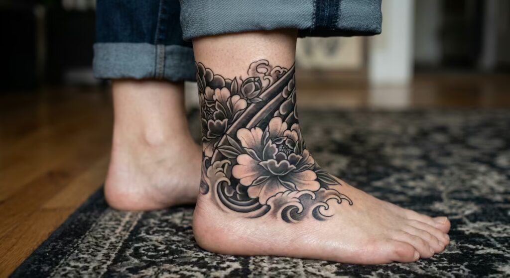 Neo-Traditional Japanese Peony Flower Ankle Tattoo Wrap