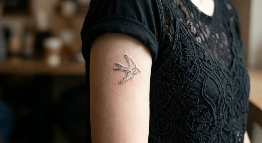  Letterpress Swallow Upper Arm Tattoo