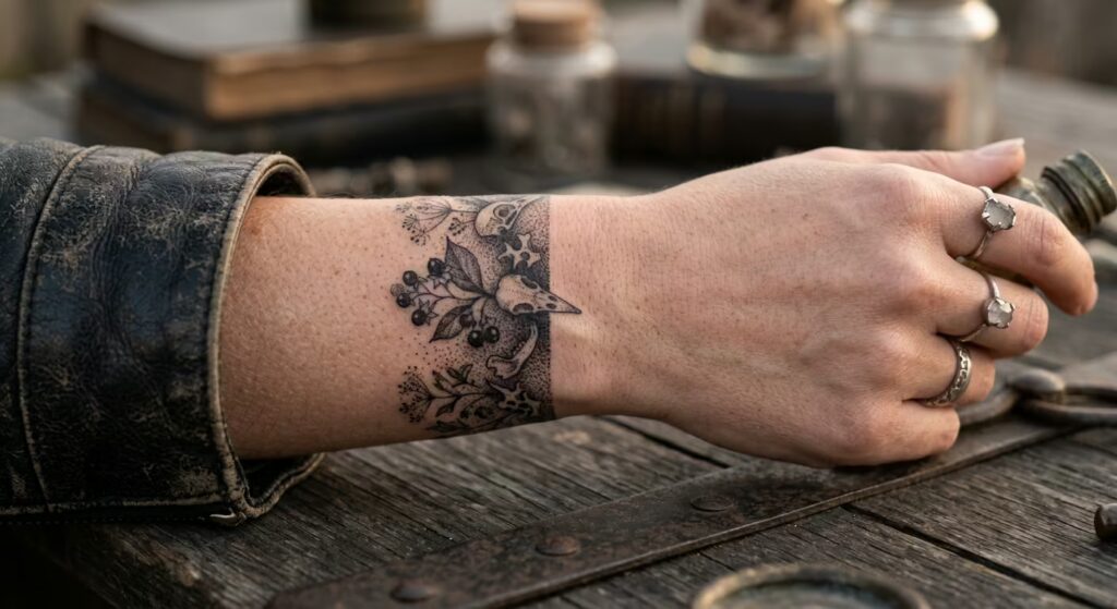 Pointillism Poison_ Unique Bracelet Tattoo Ideas featuring the _Botanical Bone_ Design