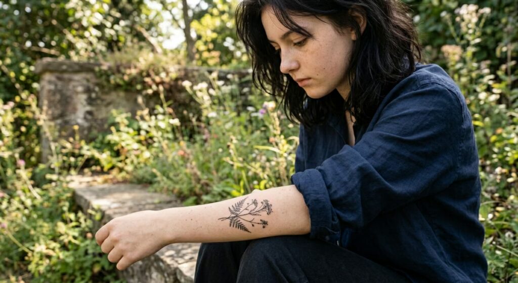 Preserved Whispers A Carbon-Transfer Herbarium Specimen - The Tenderness of Endings on Outer Forearm Tattoos for Women