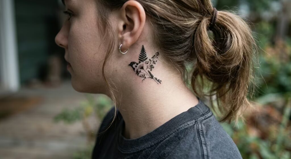 Pressed Flower Bird Tattoo