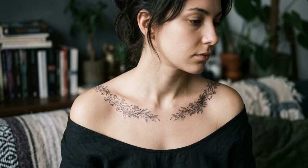 Radiant Cyber-Circuitry Shoulder Feminine Tattoo