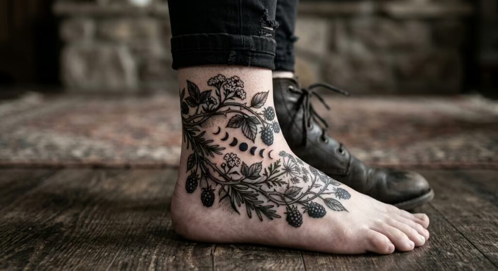 Shadowed Bramble Dark Botanical Floral Ankle Tattoo Wrap