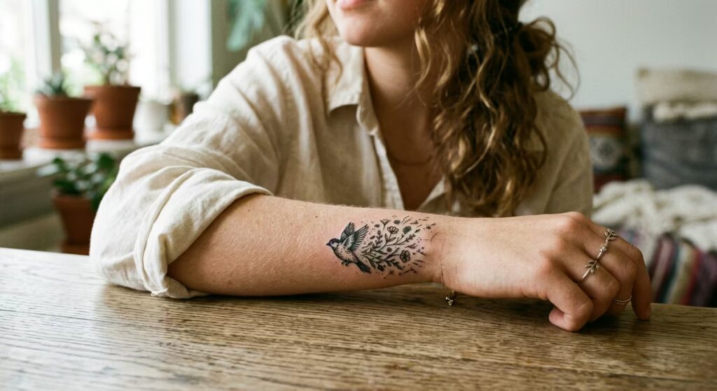 Linocut Wildflower Bird Inner Wrist Tattoo