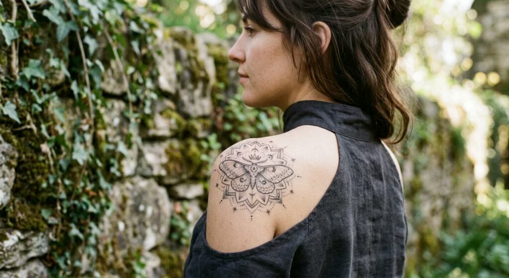 Sovereign Moth Mandala Shoulder Feminine Tattoo