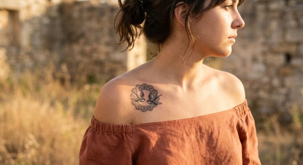 Sun-Drenched Swallow Lace Cuff Shoulder Feminine Tattoo