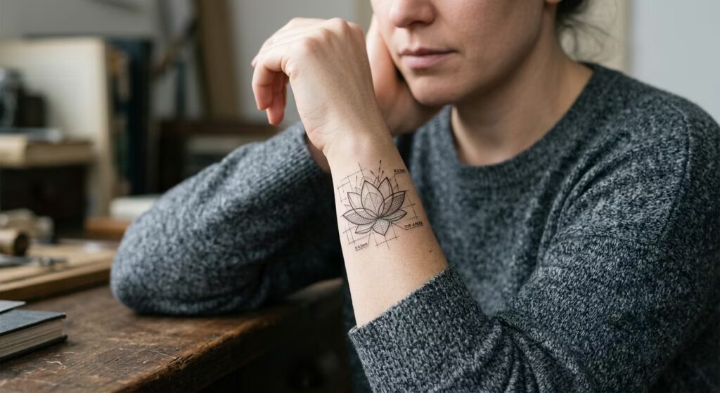 The Architect_s Ascent_ A Spiritual and Artistic Lotus Tattoo for the Pensive Soul