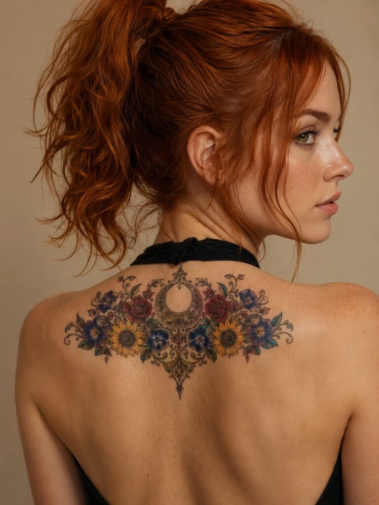 The Art Nouveau Moon Mandala Across the Neck Tattoo