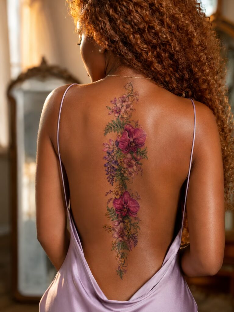 The Cascading Floral Vine Down the Spine Tattoo