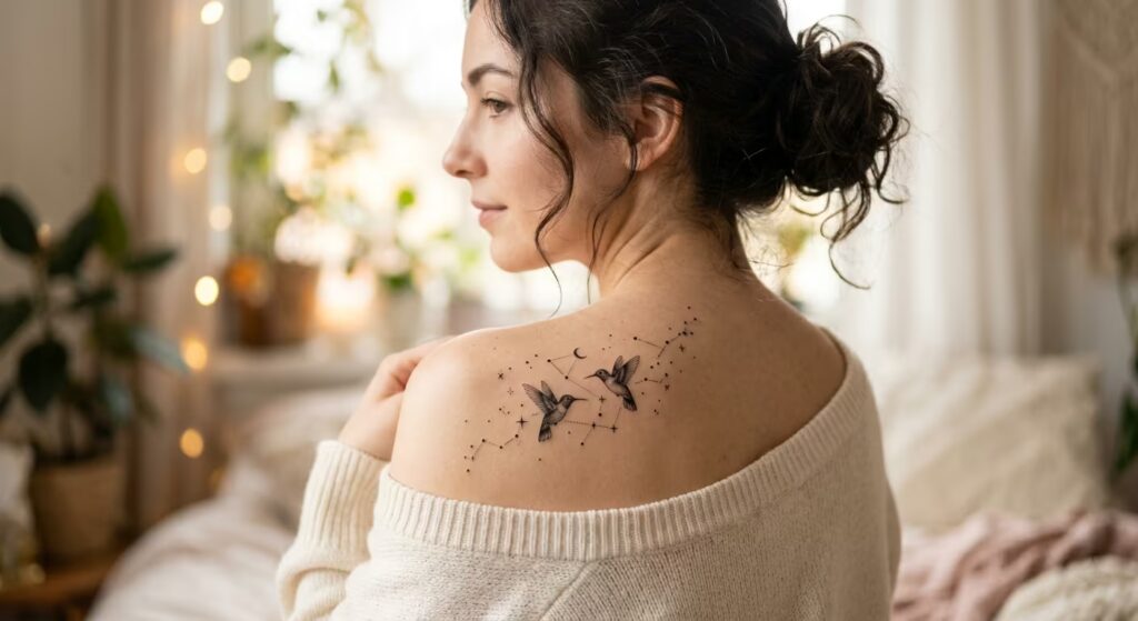 The Celestial Hummingbird Shoulder Feminine Tattoo