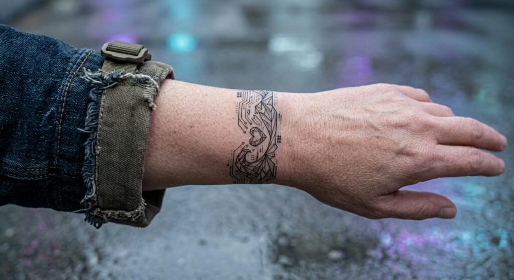 The Crystalline Pulse_ Romantic Cyberpunk Bracelet Tattoo Ideas