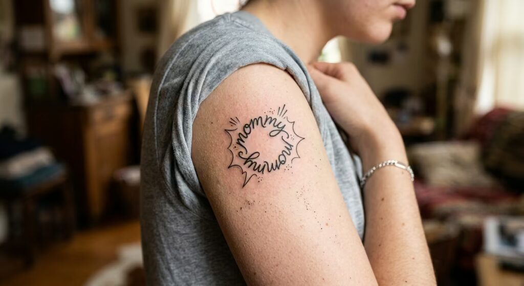The Endless Script_ A Nostalgic Comic Style Mommy Tattoo