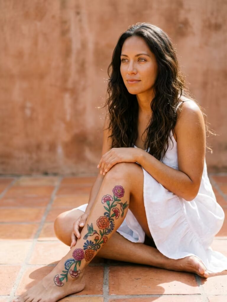 The Folk-Art Vine Down the Leg Tattoo
