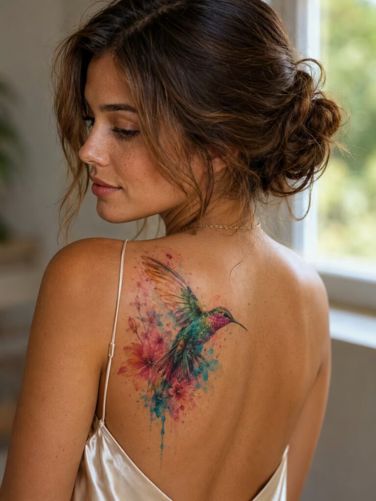 The Hibiscus Hummingbird Shoulder Watercolor Tattoo
