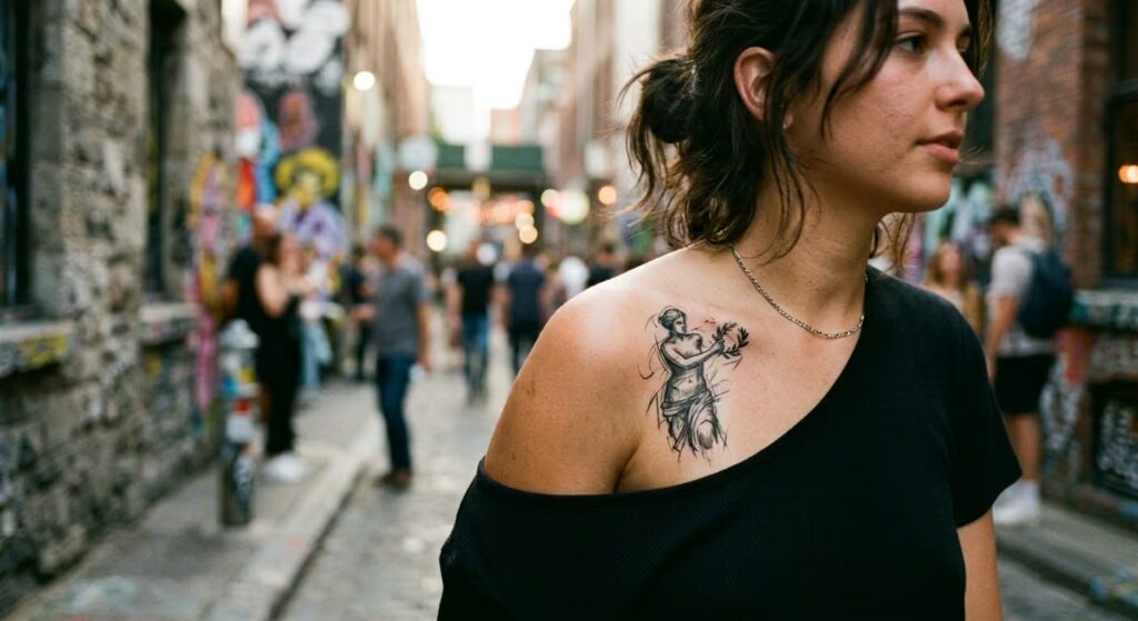 The Kinetic Venus Shoulder Feminine Tattoo