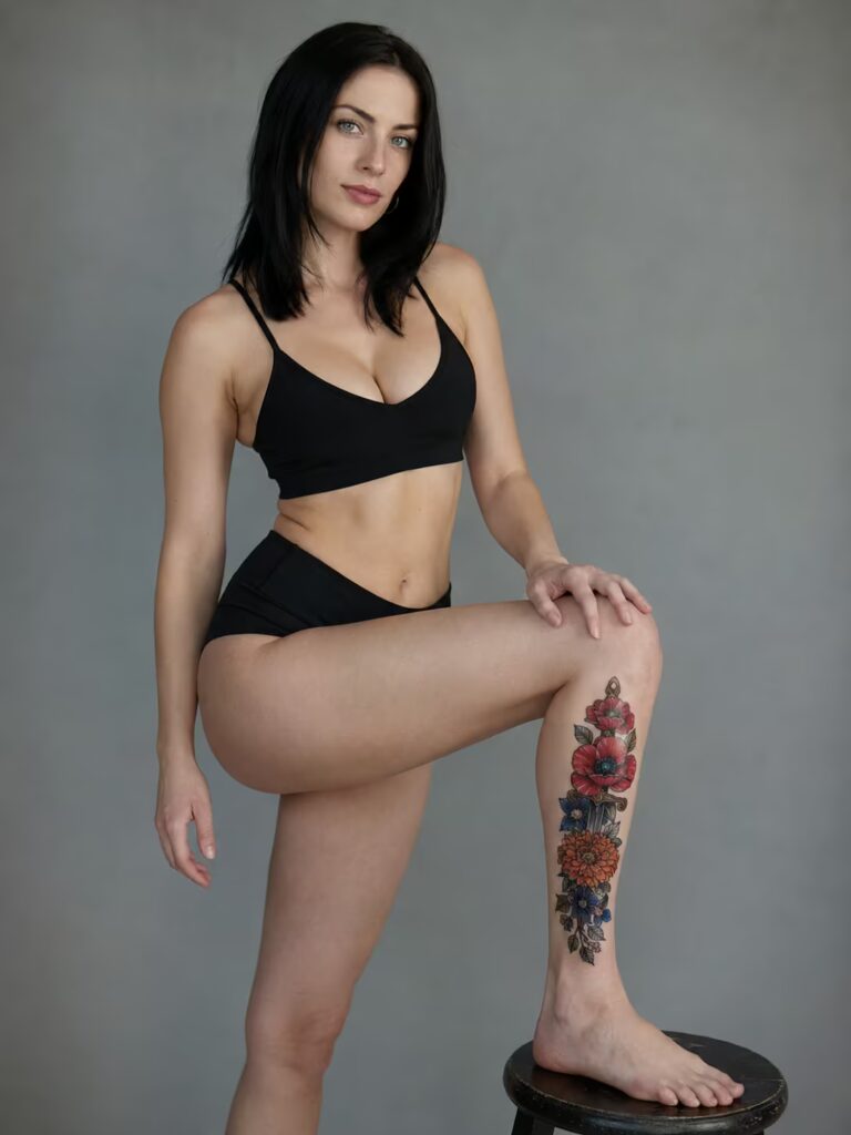 The Twin Poppy Dagger Down the Shin Tattoo