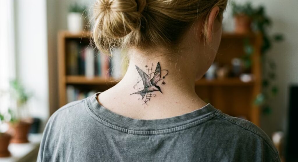 14. Geometric Ribcage Sparrow Nape Tattoo