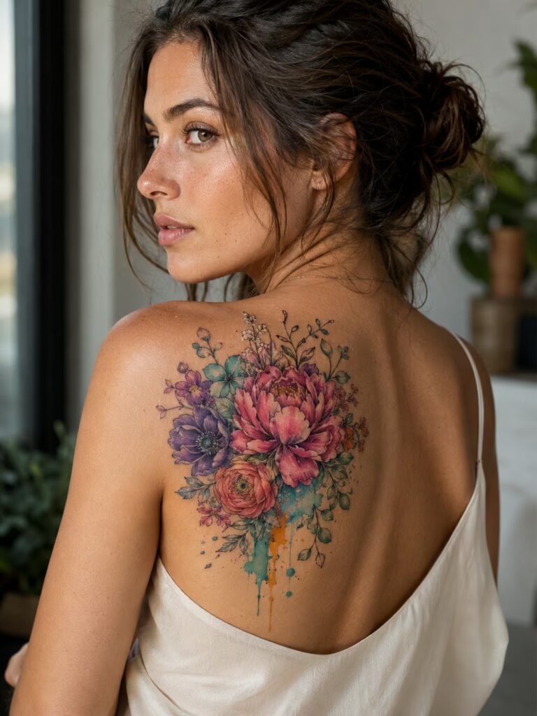 The Peony Power Bouquet on the Shoulder Blade Tattoo