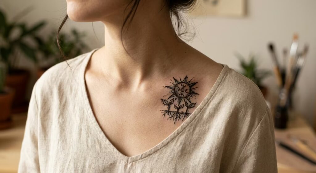 The Primal Sun and Seedlings_ A Resilient Mommy Tattoo