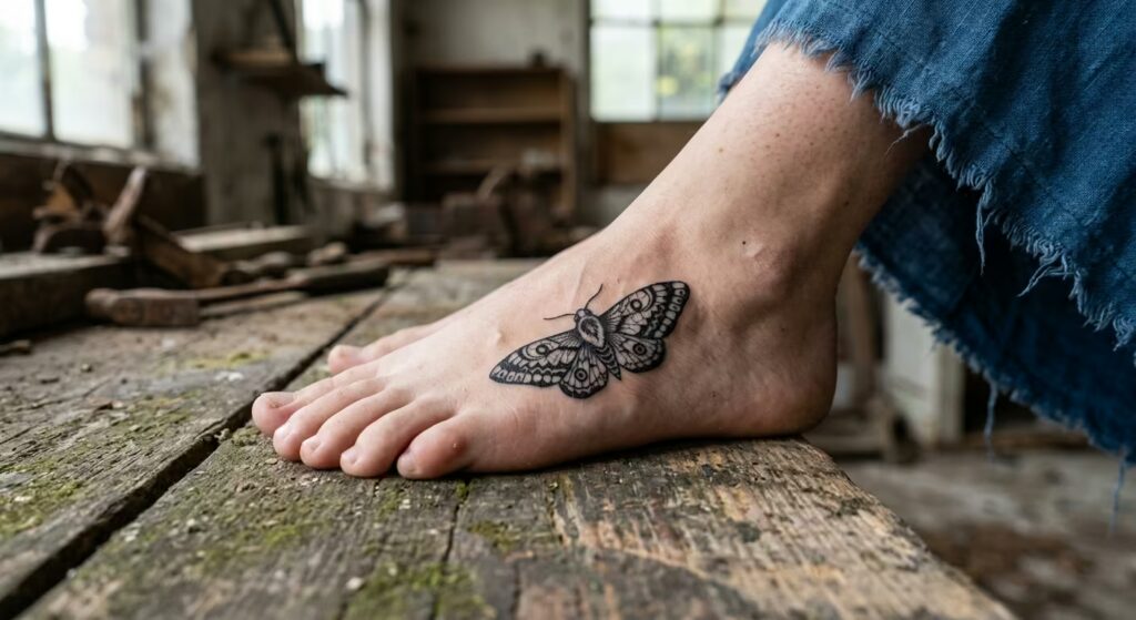 Batik Moth-Bird Hybrid Foot Tattoo
