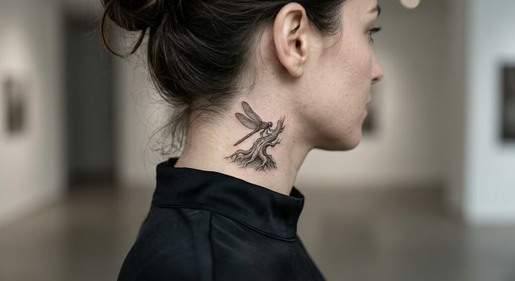 The Resilient Perch_ A Black Cross-Hatched Dragonfly Tattoo that Represents Change and Growth