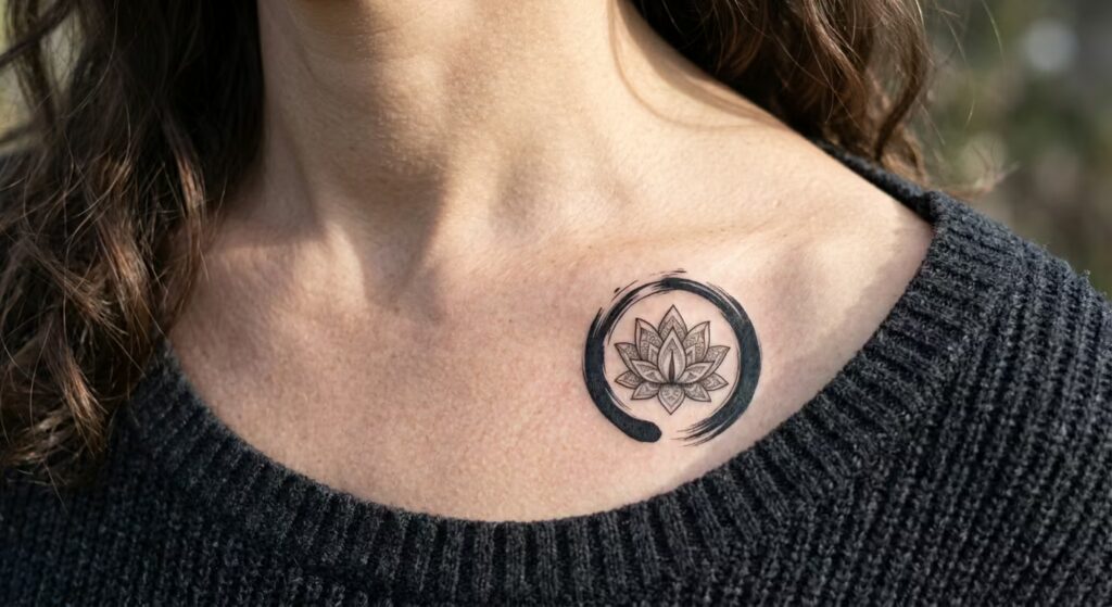 The Sovereign Fractal_ A Unique Lotus Tattoo that feels Spiritual and Artistic with a Fierce Ensō Fusion