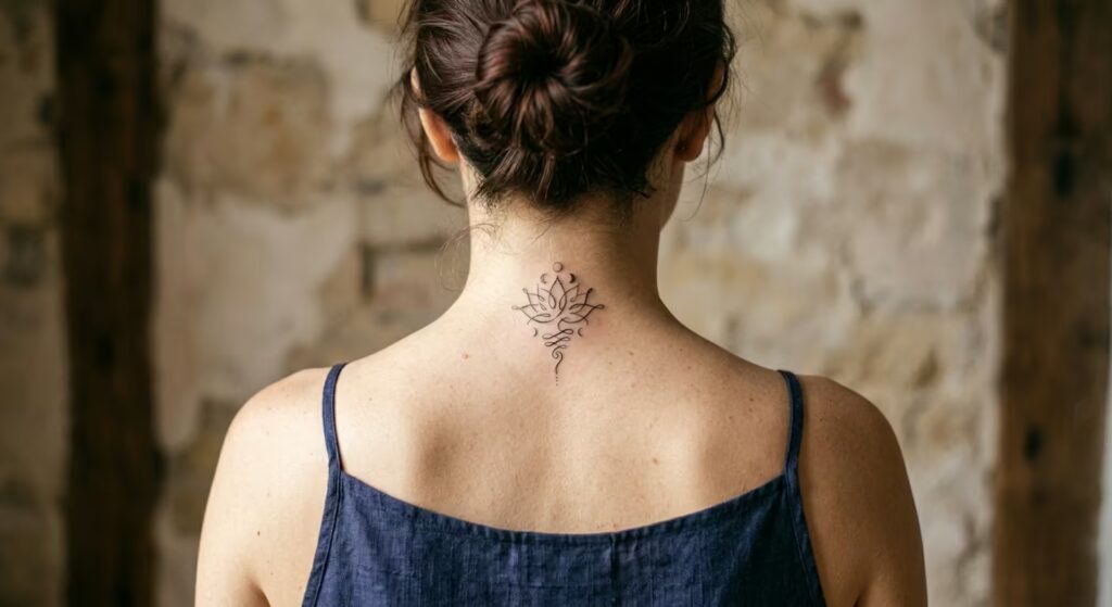 The Stoic Ascent_ An Asemic Lunar Lotus Tattoo, Spiritual and Artistic