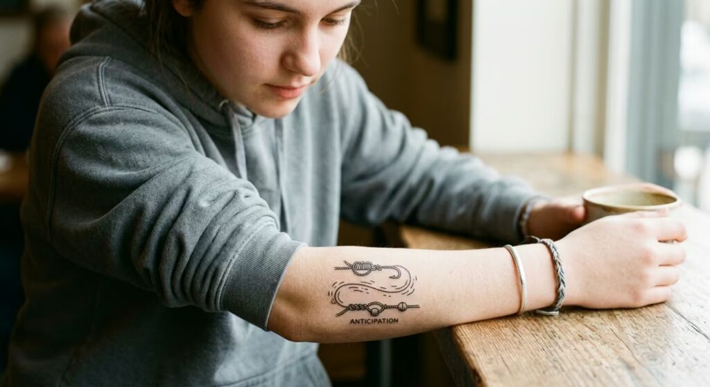 The Tug of Anticipation: Sashiko Fishing Knot as an Outer Forearm Tattoos for Women