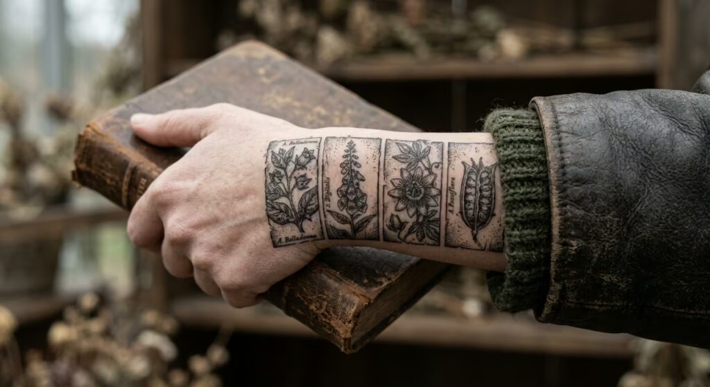 Vintage Herbal Etching Bracelet Tattoo Ideas