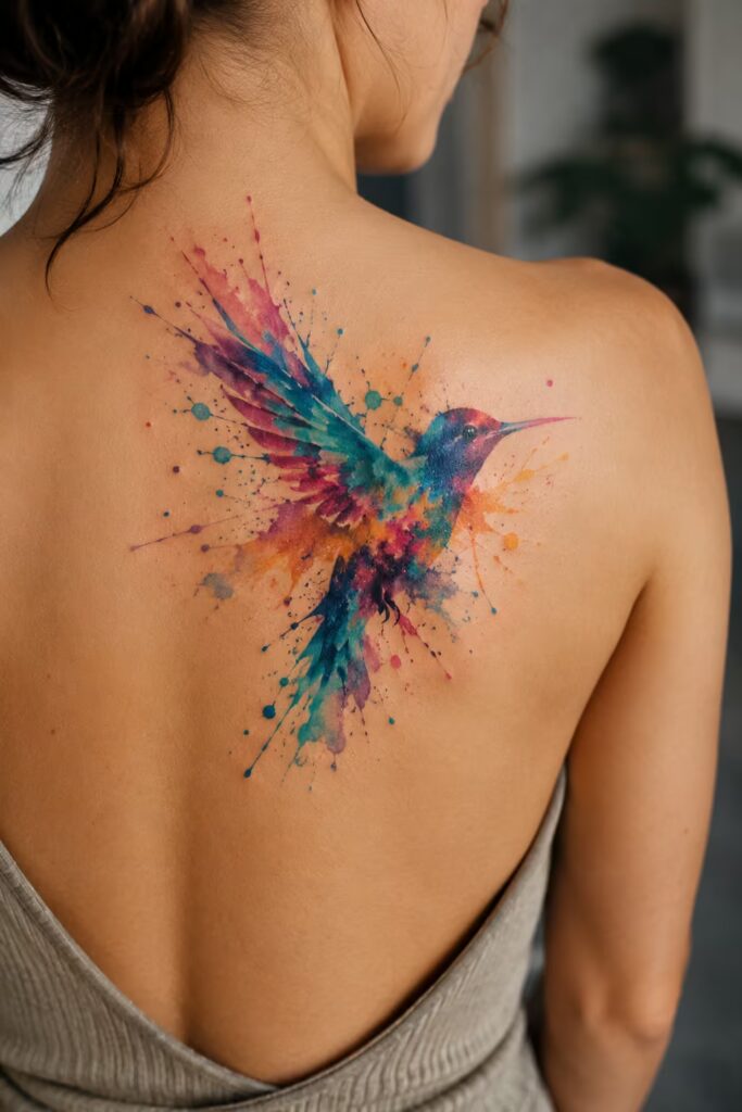 Watercolor Burst hummingbird Tattoo