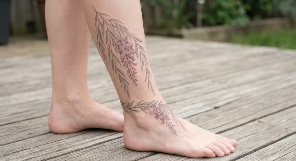 Weeping Willow and Wisteria Cascading Flower Ankle Tattoo Wrap