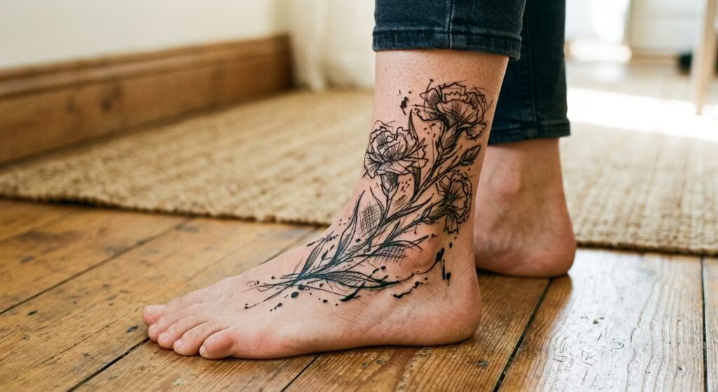 Wild Carnation Sketch Flower Ankle Tattoo Wrap