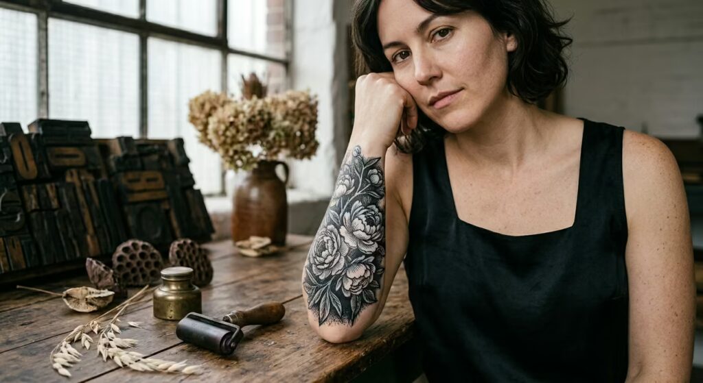 A bold peony cluster in blackwork on the forearm
