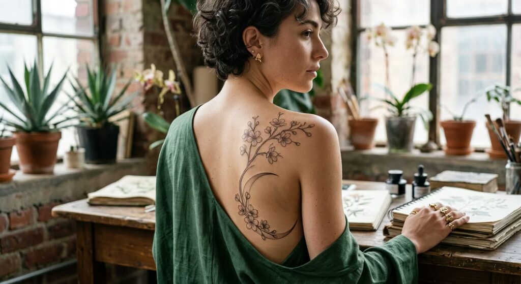 A cherry blossom branch curving into a crescent moon on the upper back