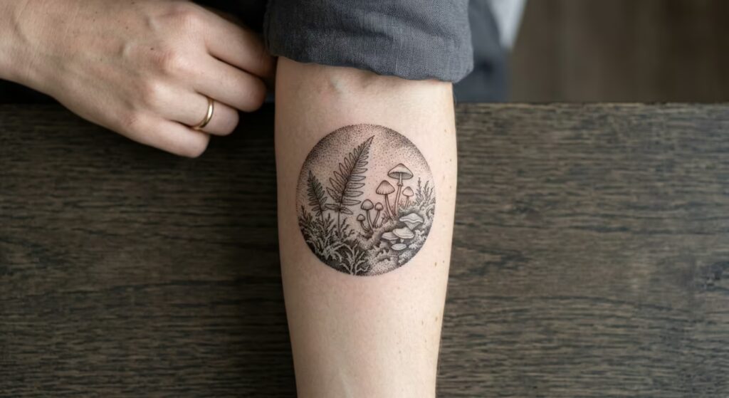 A circular forest-floor ecosystem on the back of the forearm Botanical Tattoo