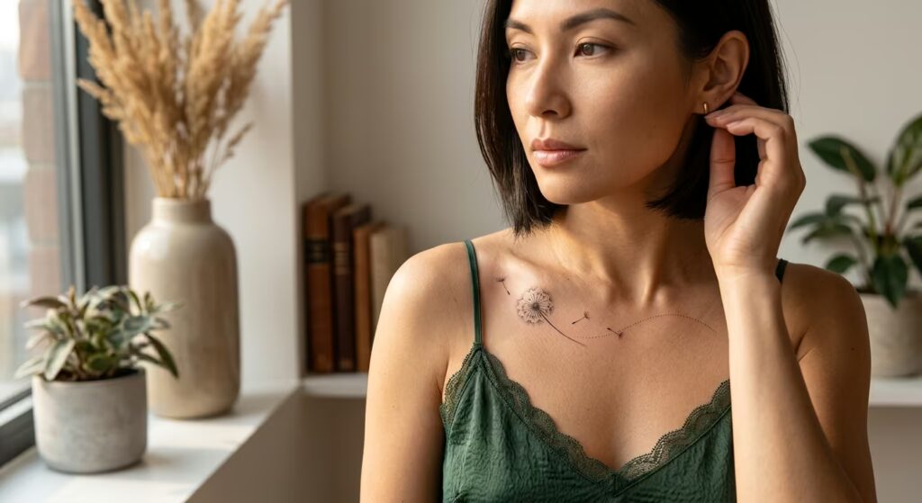 A dandelion releasing its seeds across the collarbone Botanical Tattoo