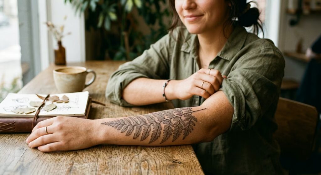 A dotwork fern frond running up the forearm