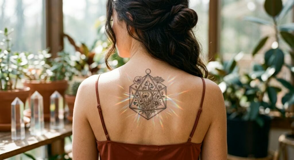 A geometric lantern of caged wildflowers across the upper back
