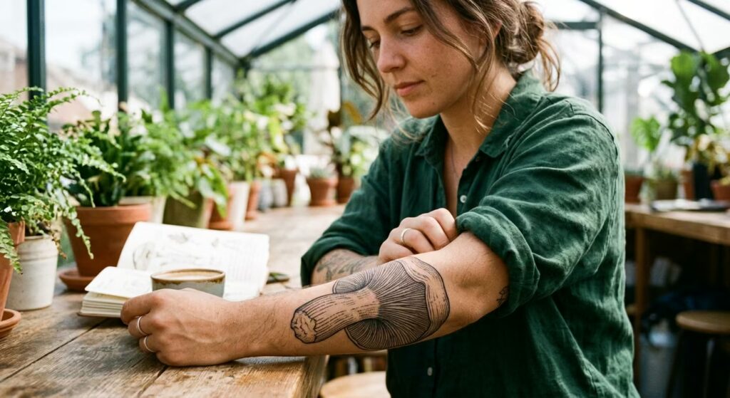 A mushroom drawn from beneath on the forearm