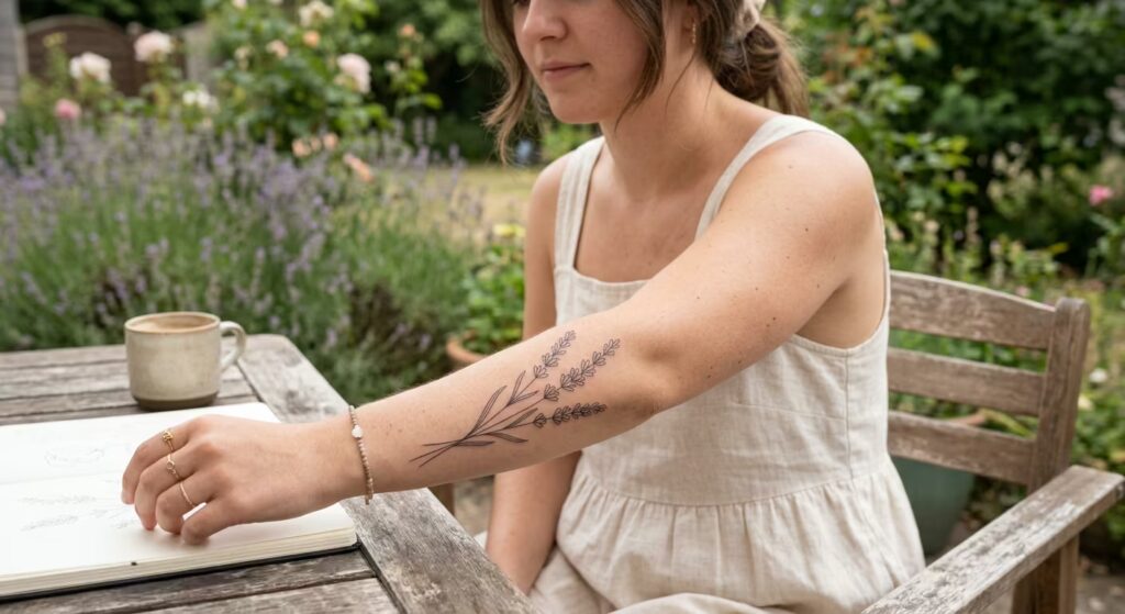 A single-line rose in white ink on the shoulder Botanical Tattoo