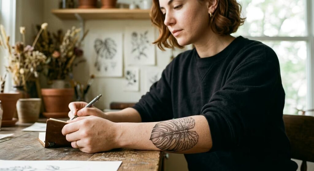 A split-leaf monstera, half realistic and half geometric, on the forearm