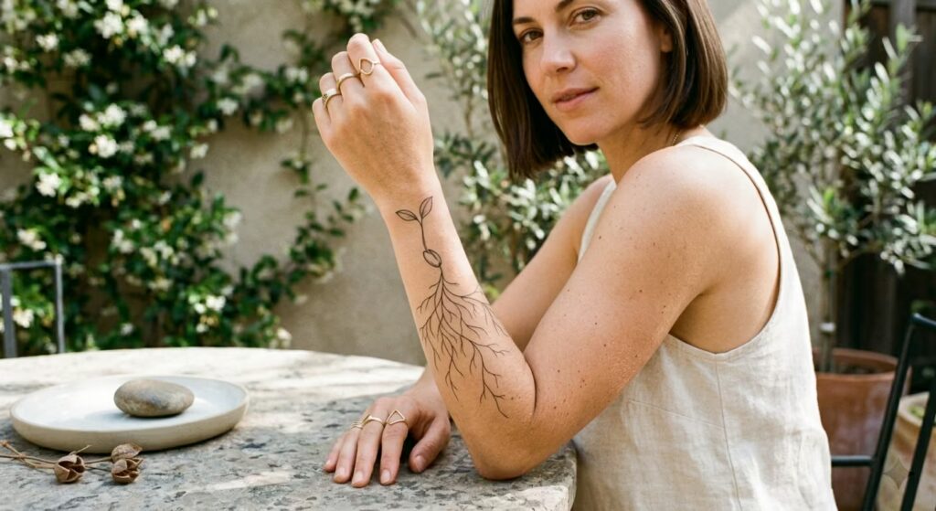 A sprouting seedling with deep roots running down the forearm