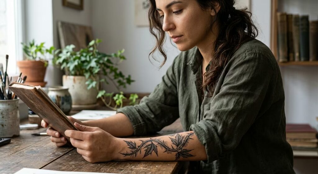 A thorned botanical branch coiling the forearm in blackwork