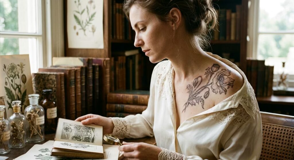 A three-stage poppy across the shoulder and collarbone Botanical Tattoo