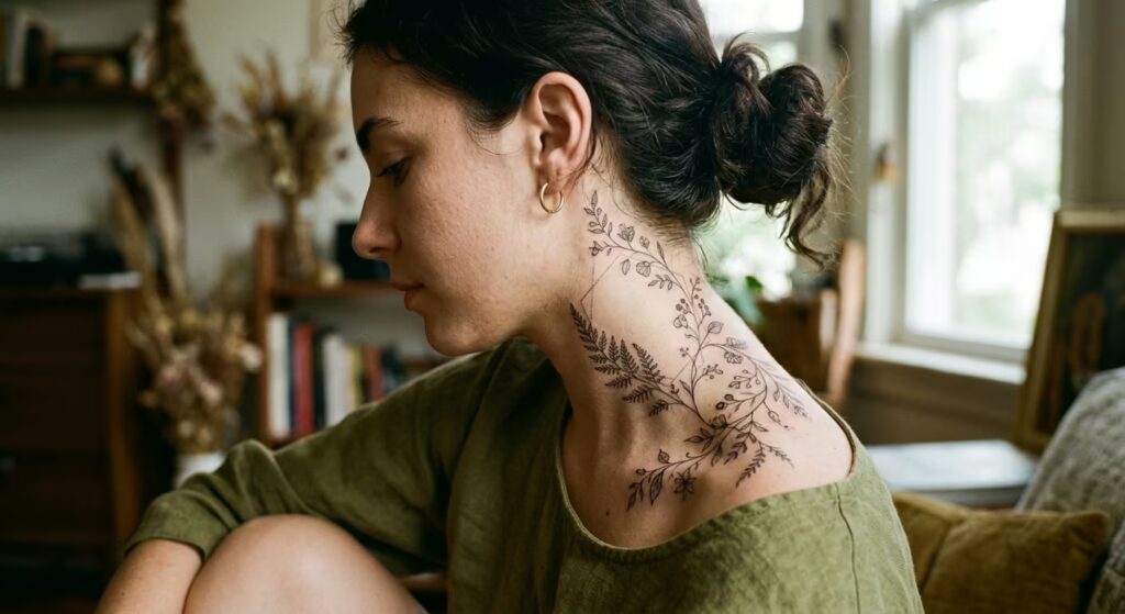 A trailing flowered vine wrapping the side of the neck Botanical Tattoo