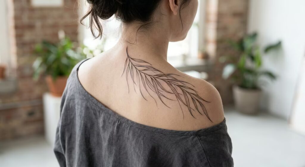 A wispy willow branch draped over the shoulder blade